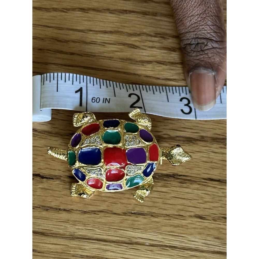 Crystal Rhinestone Turtle Brooch Pin Gold Toned Enamel Multi-Colored - Picture 4 of 6